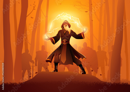 Wizard casts enchanted powerful spell in the woods with knights behind him