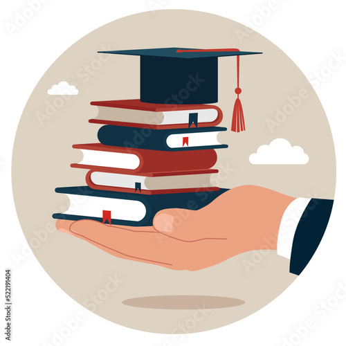 Student holding books wearing academic mortarboard hat. Study abroad world education curriculum, overseas school, college and university. 
