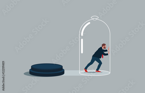 Businessman inside the glass try to push so hard to break boundary. Business constraints or stagnant, prohibition or difficulty prevent from improvement or success.