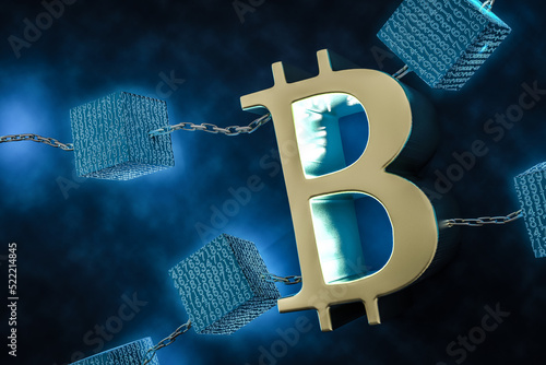 ビットコインとブロックチェーン Bitcoin and Blockchain, 3d rendering.