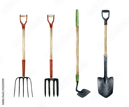 Watercolor hand-drawn gardening tools illustrations set: spade, hoe, garden rake, fork. Garden equipment isolated on white background for decor, cards, and logo