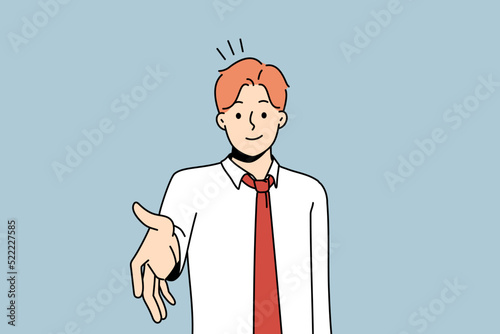 Smiling young businessman stretch hand for handshake with business client or partner. Male employee handshake customer. Greeting or acquaintance. Vector illustration. 