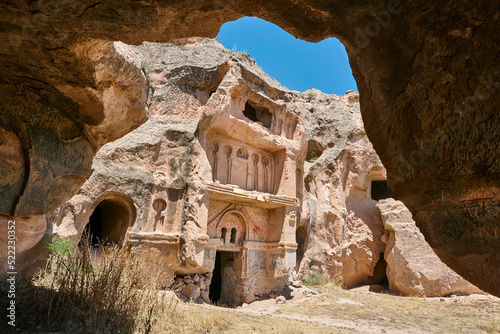 Ancient monastery carved in the rock in Gulsehir. Cappadocia, Turkey