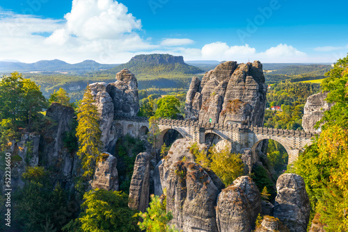 Panorama view of the Bastei. The Bastei is a famous rock formation in Saxon Switzerland National Park, near Dresden, Germany