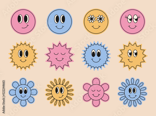 Collection of trendy funny retro stickers or stamps. Cool abstract positive patches. Vector illustration.