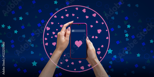 Women hands with smartphone surrounded by semantic bubble or filtration bubble. Hearts on screen. Concept of selectivity, choice of love. Web algorithms, mobile application for dating