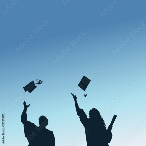 Graduate students tossing up hats over the blue sky. Celebration of graduate student success stock illustration