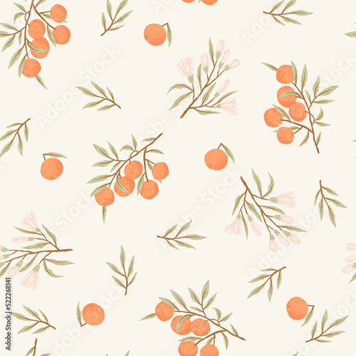Orange fruit seamless pattern. Hand-drawn orange branch, orange blossom, and fruits. Vector seamless wallpaper.
