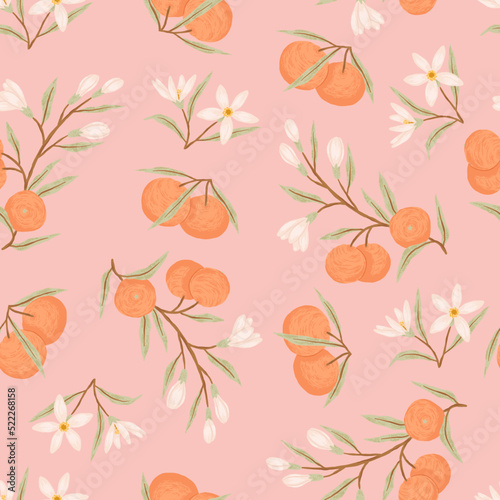 Orange fruit seamless pattern. Hand-drawn orange branch, orange blossom, and fruits. Vector seamless wallpaper.