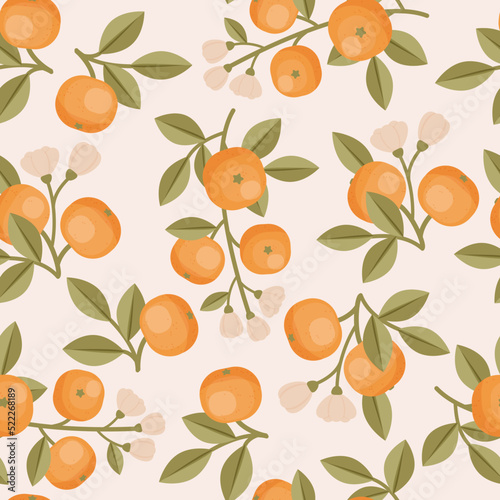 Orange fruit seamless pattern. Orange branch, orange blossom, and fruits. Vector seamless wallpaper.