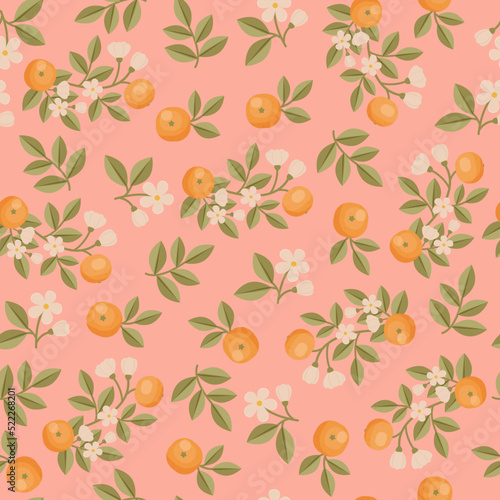 Orange fruit seamless pattern. Orange branch, orange blossom, and fruits. Vector seamless wallpaper.