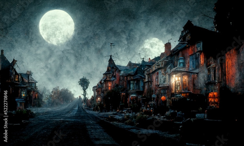 3D illustration of a Halloween concept background of a castle and graveyard. Horror background In stormy weather, an old American-style Horror house
