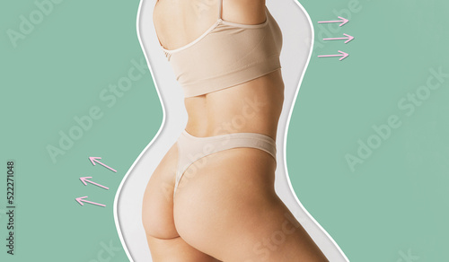 Image of slim female body in beige underwear isolated on green background. Arrow symbols for plastic surgery treatment.