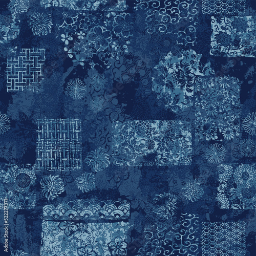 Traditional Japanese indigo fabric patchwork wallpaper grunge abstract vector seamless pattern 