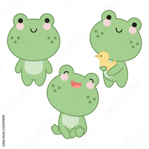 Set of three cute frogs in kawaii style. One is standing, the second is sitting, the third is holding a duck. 