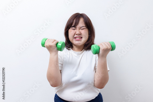 Isolated Plump Body Woman Hold Dumbbell with Weight Lifting Pose