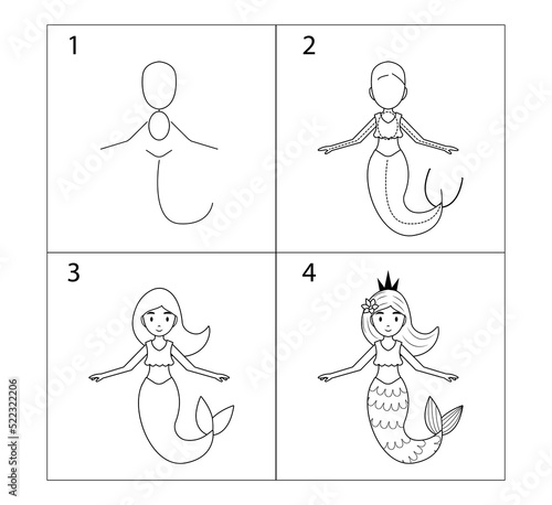 Step-by-step explanation with pictures. How to draw a mermaid. Cute children's drawing, coloring book with a magical underwater character. An illustration for a drawing tutorial.