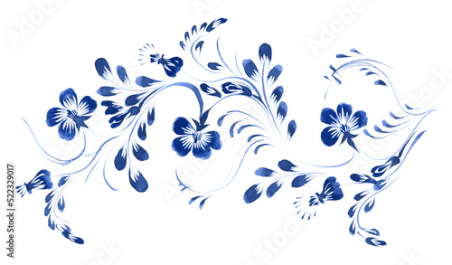 Ukrainian folk painting style Petrykivka. Floral watercolor border pattern from indigo blue flowers and leaves isolated on a white background. Ethnic design