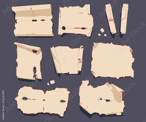 Old papyrus and vintage paper vector cartoon set isolated on background.