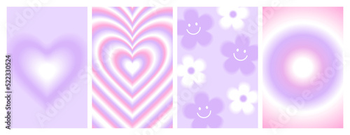 Y2k blurred gragient posters. Heart, daisy, flower, abstract geometric shape in trendy 90s, 00s psychedelic style. Holographic vector background. Lilac, pink pastel colors.