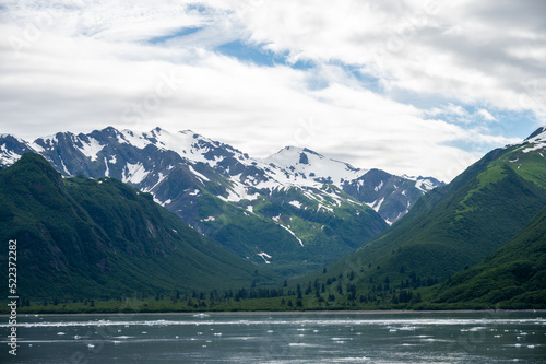 View of mountains along the Alaska cost by the Hubbard glacier.