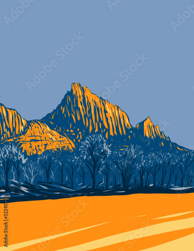 WPA poster art of the Watchman northwest aspect located in Zion National Park, Washington County Utah, United States USA done in works project administration style.