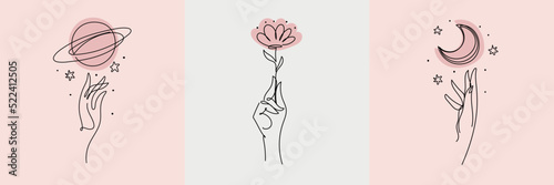 Set of female icons for beauty salon, hand with planet, moon, flower. Continuous line art of hand and heart, aesthetic symbol, logo, tattoo. Vector illustration isolated