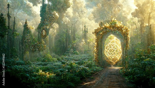 A magical, fantastic portal in the center of a green forest. A yellow-green portal is visible between the trees. Stunning 3d illustration.