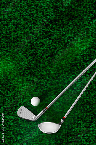 Golf background with metal clubs, ball and grass