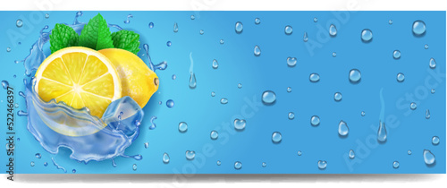 Lemons, ice cubes and water drop elements on blue background. Fresh lemonade or lemon beverage realistic banner