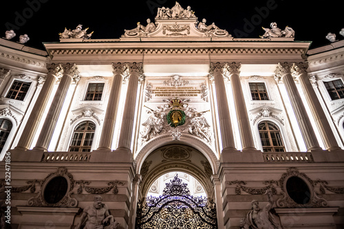 Open Gate Of The Former Residence Of The Emperor "Hofburg" In The Night In Vienna In Austria