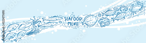 Long banner of set doodle seafood on blue background. Vector illustration. Perfect for dessert menu or food package design.