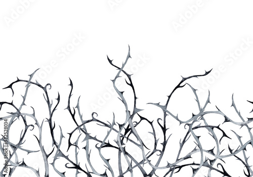 Halloween horizontal seamless border of black thorn branches. Watercolor hand painted isolated illustration on white background.