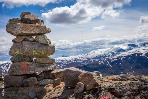Inukshuk, Stacked stones above jotunheimen mountains in Norway