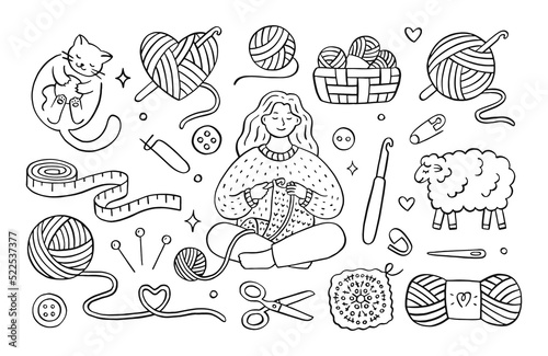 Crochet doodle illustration of girl knitting clothes, cat playing with wool yarn ball, sheep, hook, skein. Hand drawn cute line art about handmade. Drawing for coloring