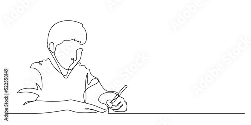 one line drawing of happiness boy student writing