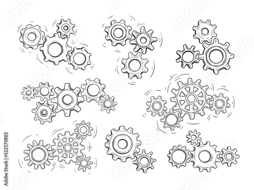 Sketch gears. Engineer work, transmission motion and working gear mechanism. Hand drawn factory, business team concept vector Illustration set