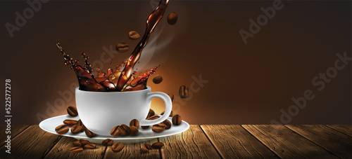 Cup of coffee with splash effect, coffee beans, transparent background. 3D vector. High detailed realistic illustration