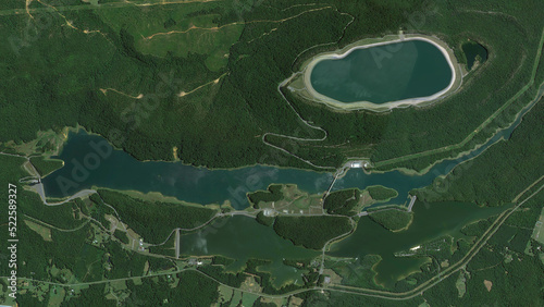 pumped storage hydropower plant, upper reservoir, lower reservoir and river, looking down aerial view from above – bird's eye view Rocky Mountain Pumped Storage Station – Georgia, USA