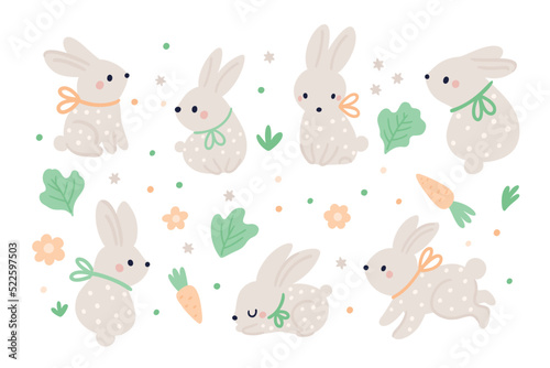 Cute baby rabbit, bunny, hare animals in different pose. Bunny with bow ribbon on cartoon style. Little baby hare animals with carrot and flowers