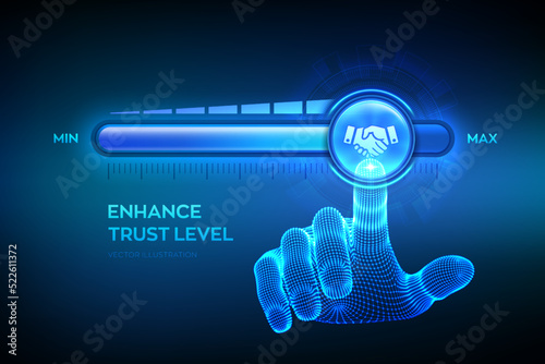 Trust concept. Increasing confidence Level. Wireframe hand is pulling up to the maximum position progress bar with the trust icon. High confidence level concept. Vector illustration.