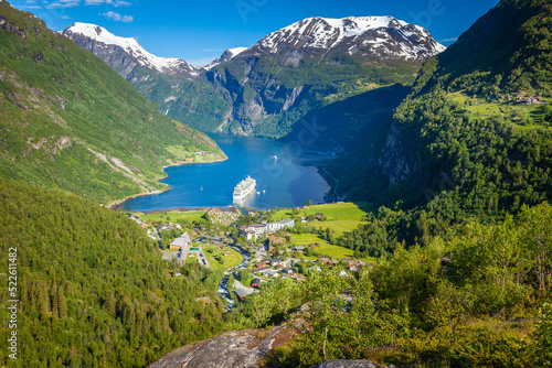 Above Geiranger fjord, ship and village, Norway, Northern Europe
