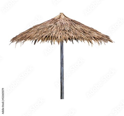 Single beach umbrella parasol made of coconut leaf isolated on transparent background