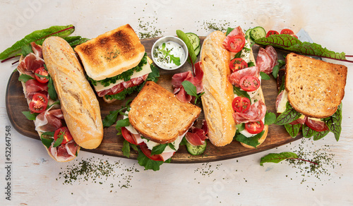 Various of club sandwiches and baguette.