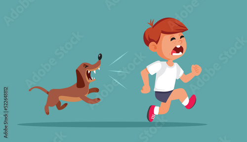 Barking Dog Running After Scared Boy Vector Cartoon Illustration. Stray dog chasing a child in an aggressive attack