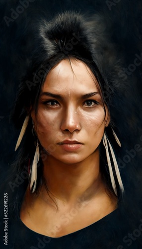 Portrait of a fictional Comanche Indian woman. An ancient Indian huntress against the background of the forest. Perfect for phone wallpaper or for posters.