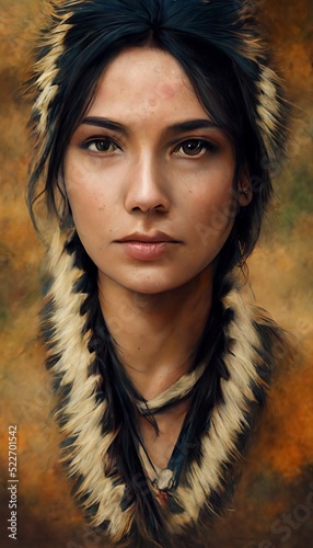 Portrait of a fictional Comanche Indian woman. An ancient Indian huntress against the background of the forest. Perfect for phone wallpaper or for posters.