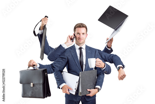 Busy businessman with many arms and office tools
