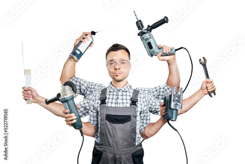 Funny craftsman with 6 arms and tools - on transparent background