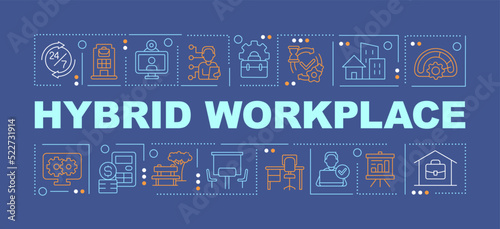 Hybrid workplace word concepts dark blue banner. Corporate culture. Infographics with editable icons on color background. Isolated typography. Vector illustration with text. Arial-Black font used